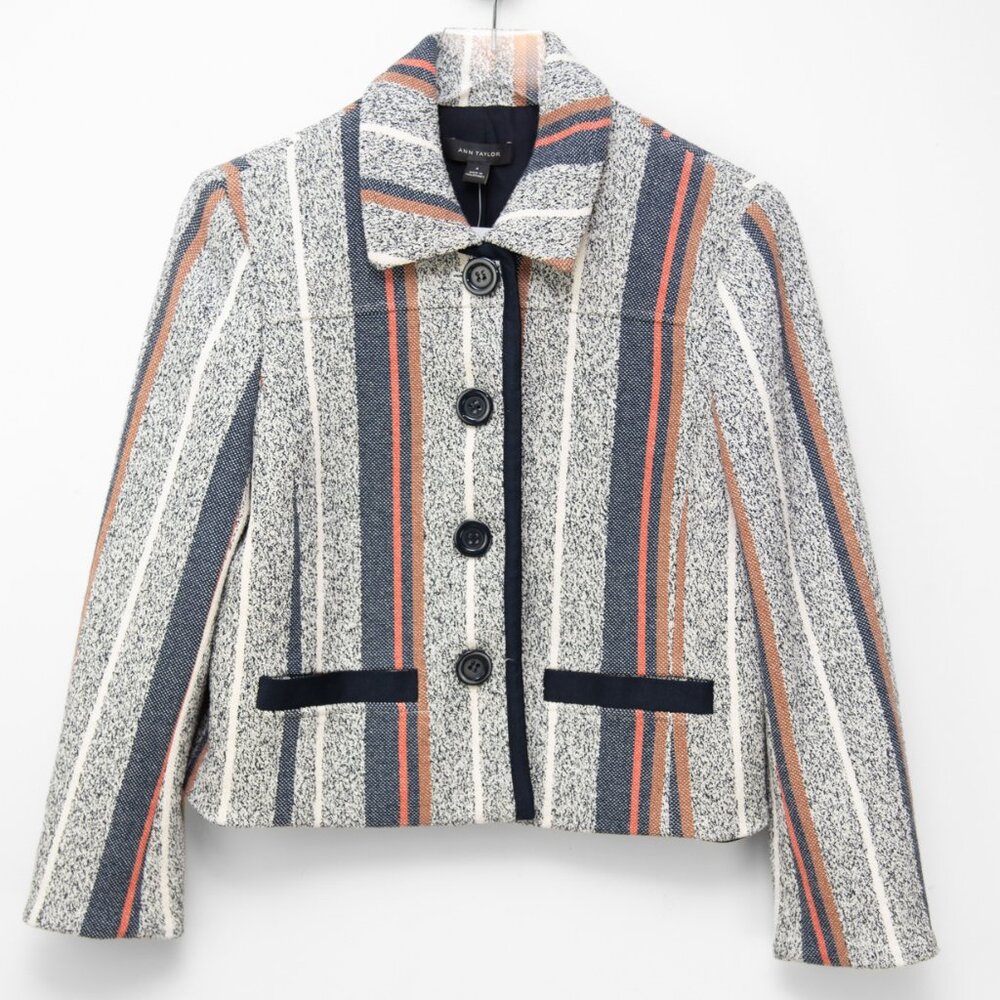 Ann Taylor Tweed Blazer Stripe Multicolor Cropped Office Blue Cream Size 8 New - Picture 2 of 8